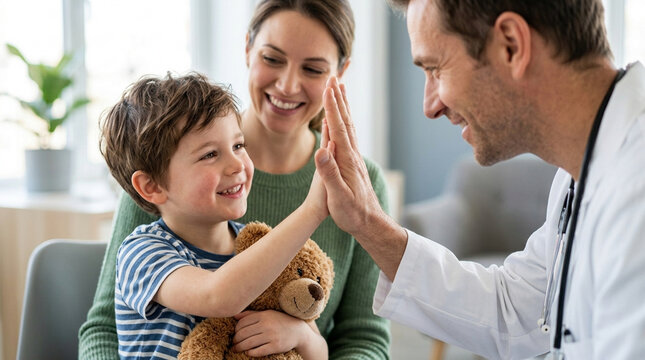 Doctor High Fiving Happy Child Patient and Mother at Clinic Visit