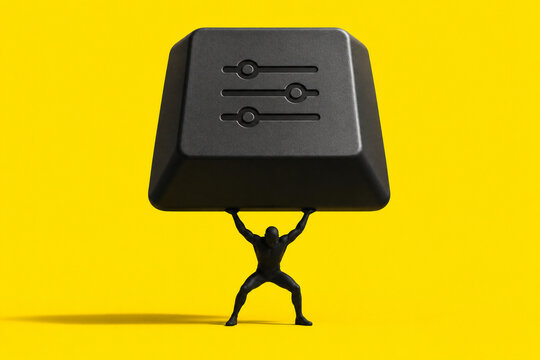 Small figure lifting giant control key leadership concept
