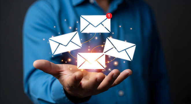 Businessman holding floating digital email message icons representing professional communication network and electronic mail correspondence concept