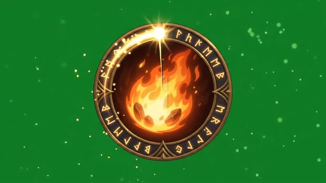 glowing countdown clock showing the number two inside an ornate runic frame with dancing flames set against a vibrant green background with shimmering floating particles