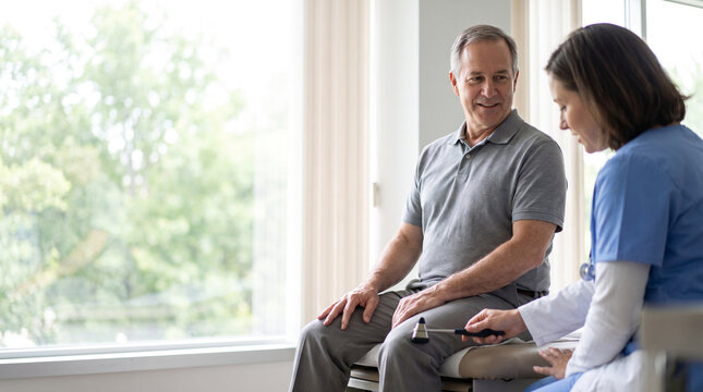 Neurologist tests knee reflex during routine neurological examination, assessing nerve function, diagnosis, preventive care and patient health during specialist consultation.