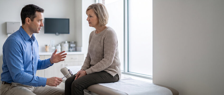 Neurologist tests knee reflex during routine neurological examination, assessing nerve function, diagnosis, preventive care and patient health during specialist consultation.