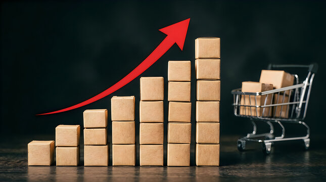 Increasing sales growth represented by stacked boxes and an upward trending arrow