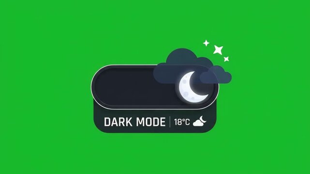 digital dark mode toggle switch being clicked by a computer cursor to activate night theme settings set against a solid green background representing a simple user interface design element