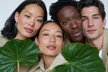 Fototapeta premium Four diverse individuals pose closely together. Large, vibrant green leaves frame their faces. They look directly at the camera with calm, natural expressions. Soft lighting enhances their skin tones