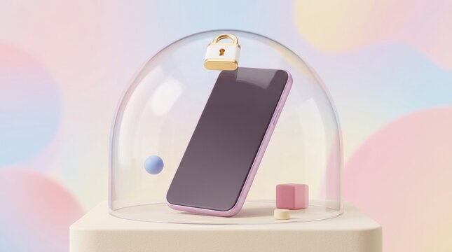 Protecting Sensitive Information with Secure Data Encryption, A smartphone secured under a glass dome with colorful geometric shapes around it.