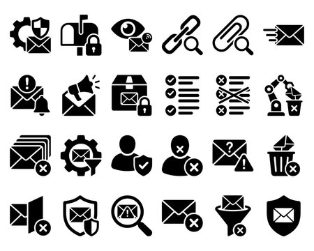 Email security and filtering vector icon set for communication management with pictogram infographic interface business