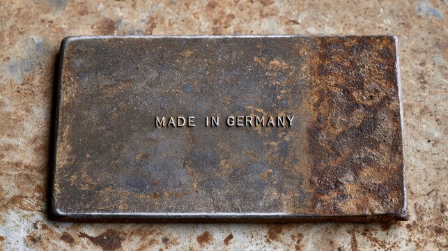 metal plate with the quality slogan Made in Germany, rusted and corroded, industrial decline, economic crisis,