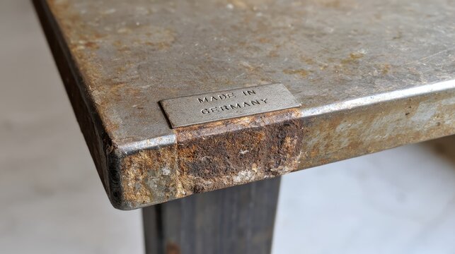 metal plate with the quality slogan Made in Germany, rusted and corroded, industrial decline, economic crisis,