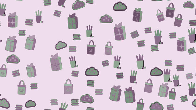 Seamless pattern of gifts, books, pencils, and clouds