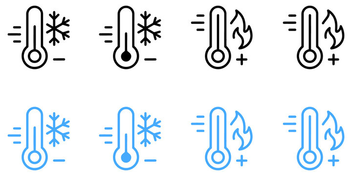 Set of four thermometer showing cold and hot temperature indicators in black and blue