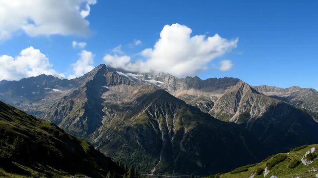 The rolling mountains under the blue sky and white clouds, the magnificent mountains under the blue sky and white clouds
