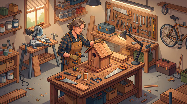 Person building birdhouse garage workshop hobby isometric illustration