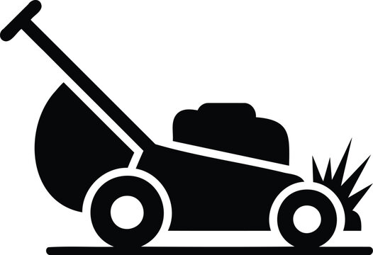 Black silhouette icon of a lawn mower cutting grass with mowing machine