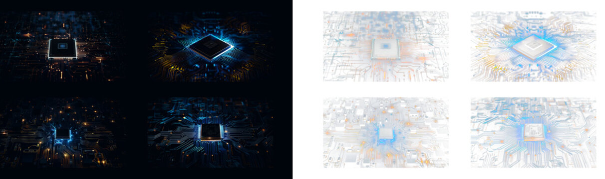 Futuristic microchip processor on circuit board with blue and orange energy flows for high tech computer cpu hardware tech presentation design components.