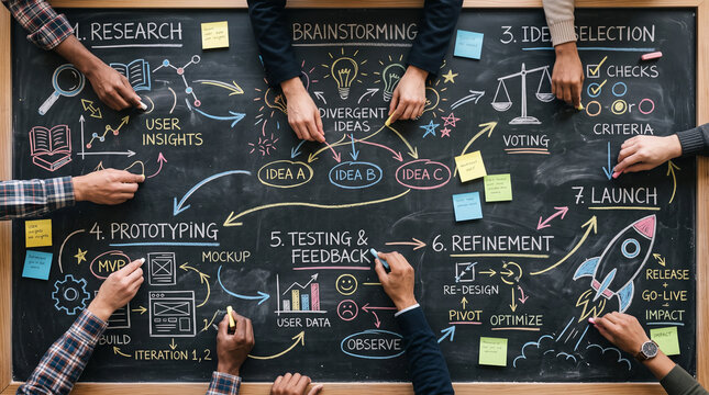 A team of people collaborating and brainstorming on a chalkboard illustrating the innovation process, from research to launch, with a rocket symbolizing success