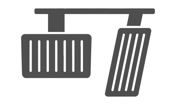 Minimalist icon set showing stylized car accelerator and brake pedals with simple lines and flat color blocks on a white background. Driving control concept
