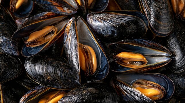 Fresh mussels open to reveal golden flesh inside dark shells