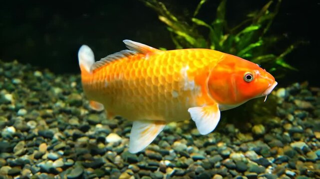 Close-up of orange koi and goldfish swimming in the water in an aquarium