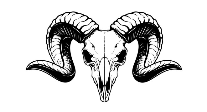 Stylized vector illustration of a male ram with large curved horns, isolated on white background. Minimalist artistic design featuring geometric animal silhouette for brand identity.