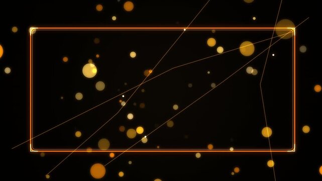 Abstract glowing orange frame with golden particles and lines on black background, dynamic motion background.