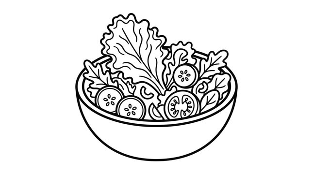 Fresh vegetable salad bowl vector illustration featuring crisp lettuce leaves and sliced cucumber tomato graphic art
