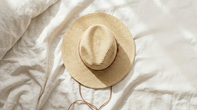 Straw hat on white fabric