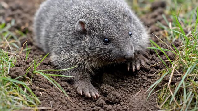 Moles are active in the grass and dirt. Close-up of a cute mole digging in the soil