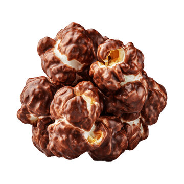 Chocolate coated popcorn kernel closeup isolated on white background, concept of cinema snack indulgence