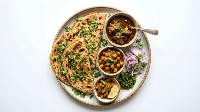 Aloo paratha served with chana masala pickle fresh chopped onions on a ceramic plate indian flatbread stuffed paratha indian breakfast