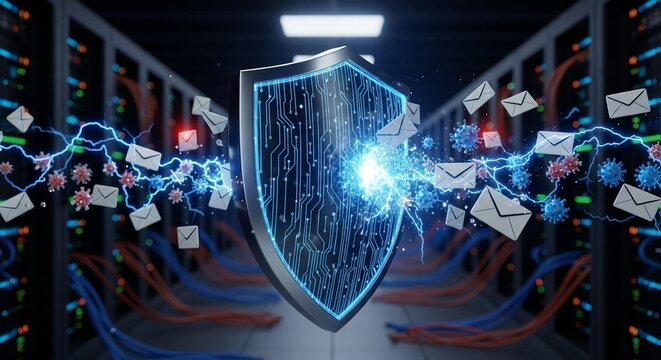 Cybersecurity Shield Protecting Server Room Data, Email Protection Concept, Network Security Technology Background