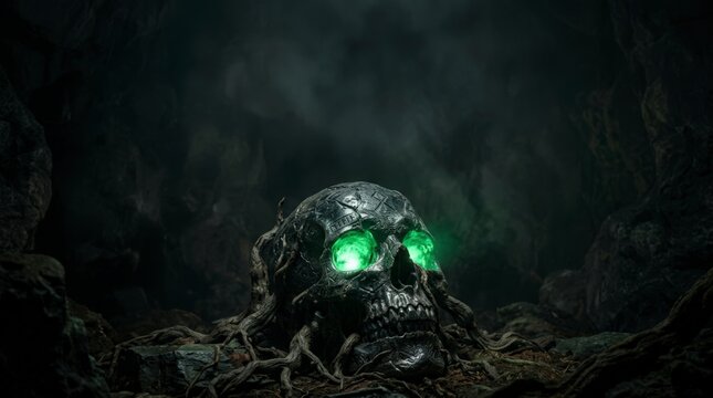 Ancient skull with glowing green eyes rests among twisted roots in a dark, mysterious cave, evoking a sense of magic and danger