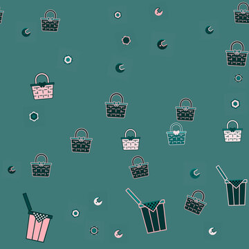 Stylized picnic baskets and abstract shapes pattern