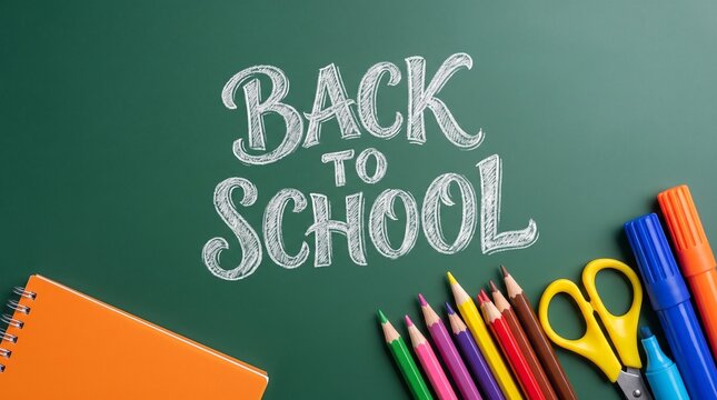 Back to School Chalk Text on Blackboard with Notebook and Colored Pencils &ndash; Education Banner