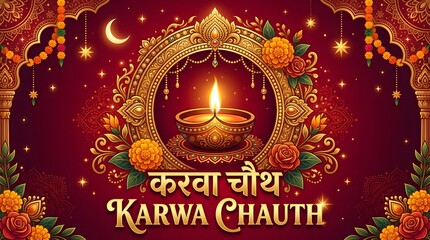Fototapeta premium A beautiful festive background design for the indian festival of karwa chauth featuring a glowing diya lamp and traditional ornate golden patterns on red