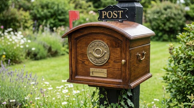 Vintage wooden mailbox in a garden