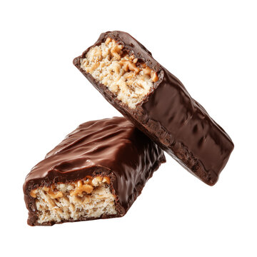 Chocolate snack protein energy fitness bar with nut cereal filling isolated on white background concept of sweet treat