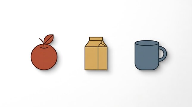 Minimalist Illustration Set Featuring a Red Apple Fruit, a Brown Beverage Carton, and a Blue Ceramic Mug Isolated on a White Background