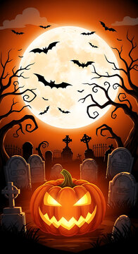 Halloween background with spooky graveyard and glowing jack o lantern