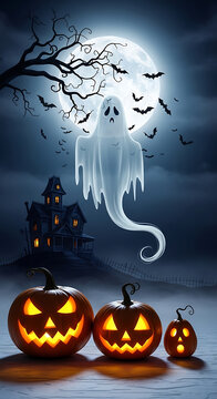 Spooky ghost floating over haunted house and glowing jack o lanterns