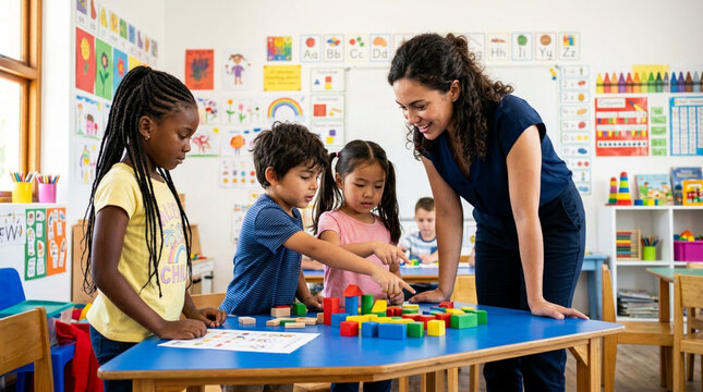 Diverse Preschool Children and Teacher Playing with Colorful Building Blocks in Kindergarten Classroom, Early Childhood Education and Development Concept