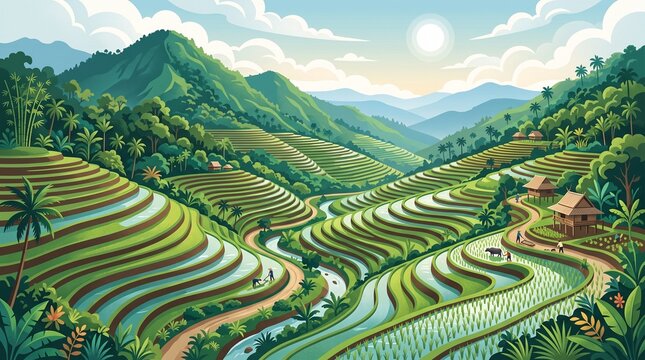A vector illustration of lush green rice terraces with water-filled paddies, depicting the local way of life as villagers tend to the crops amidst soft sunlight