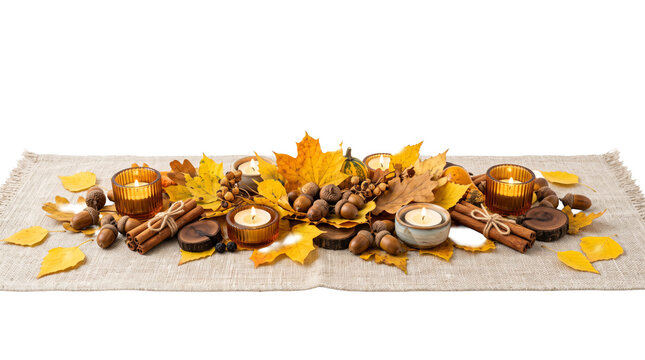 Autumn Thanksgiving Table Runner Decoration Featuring Maple Leaves Acorns Candles And Cinnamon Sticks PNG