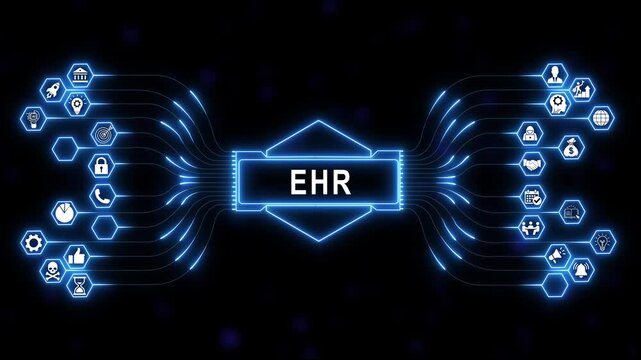 Electronic health records ehr concept with glowing blue digital circuit board network interface animation displaying modern medical technology data management systems and healthcare solutions