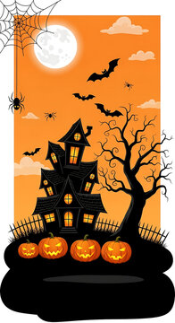 Spooky haunted house with glowing jack o lanterns and flying bats
