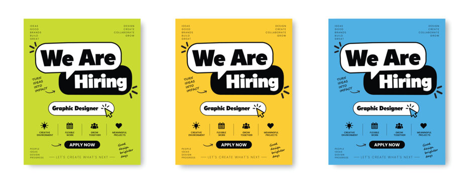 Hiring graphic designer recruitment poster with bold speech bubble typography, colorful modern layout, creative workplace message and apply now call to action. Concept of career growth and employment