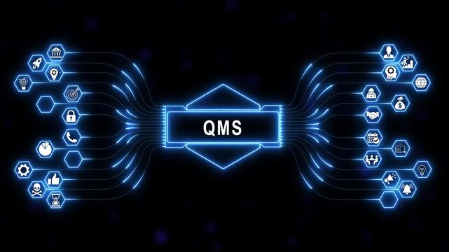 Comprehensive management system qms concept animation featuring glowing blue digital circuit network diagram connecting multiple business and corporate strategy symbols on dark background