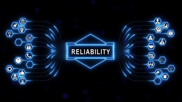 Comprehensive business reliability concept featuring glowing digital circuit lines, hexagonal network nodes, and management for corporate presentations and presentations