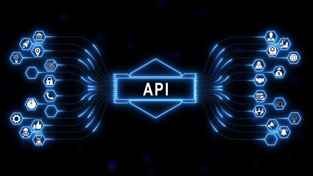 Advanced api concept animation displaying connected business and glowing neon digital data network architecture interfaces for modern software development and corporate communication solutions