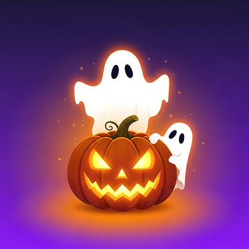 Friendly cartoon ghosts hugging carved jack o lantern at night